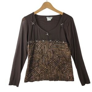 VTG Alberto Makali Brown Sheer Mesh Long Sleeve Embellished Top Size Large